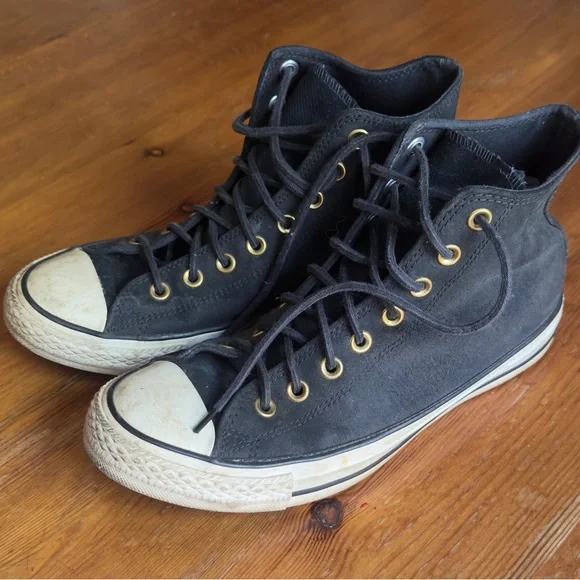 Black High-Top Sneakers with Gold Eyelets - Picture 2 of 5